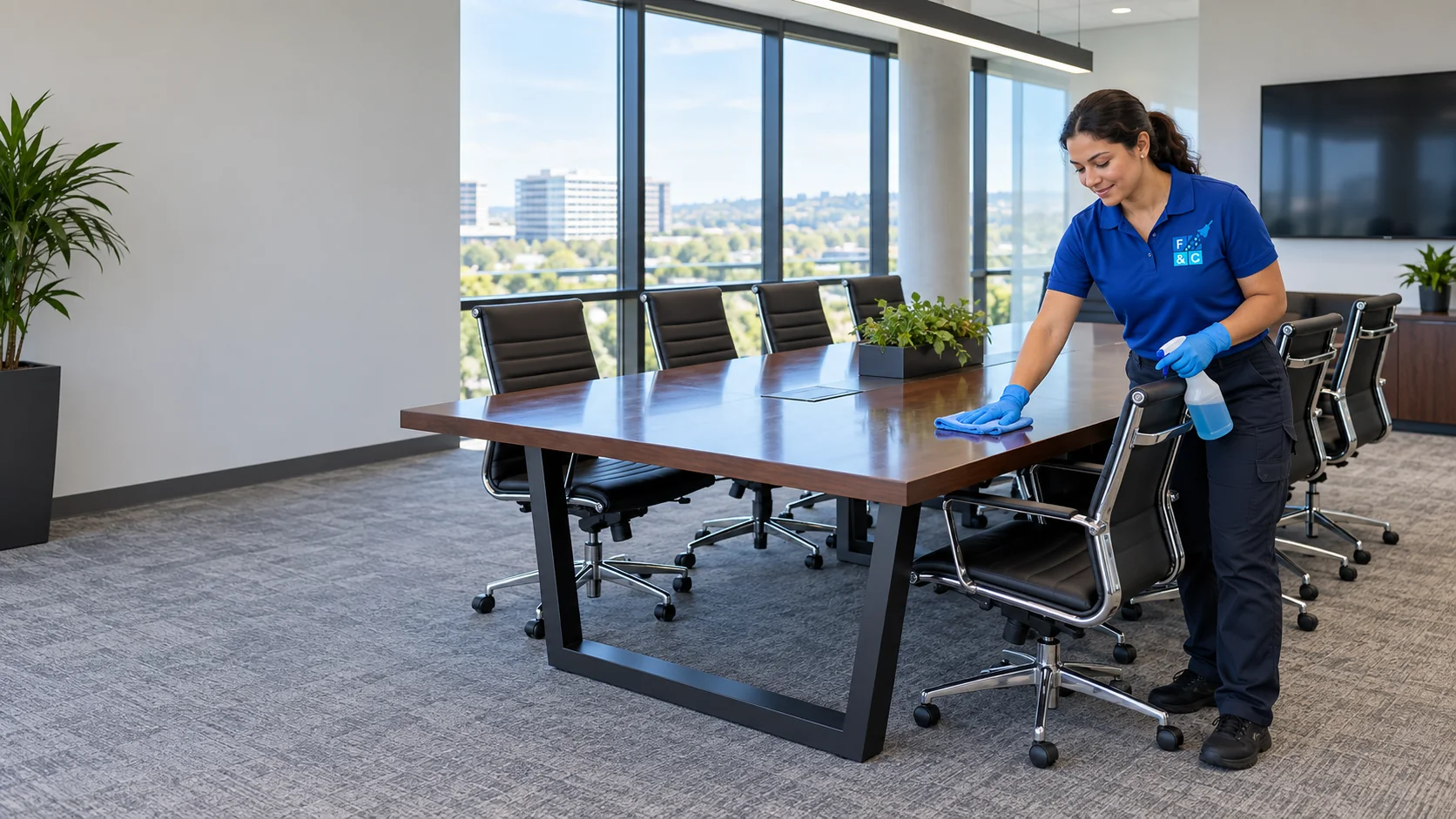 Illustrative branded cleaner wiping a conference table in a business meeting room