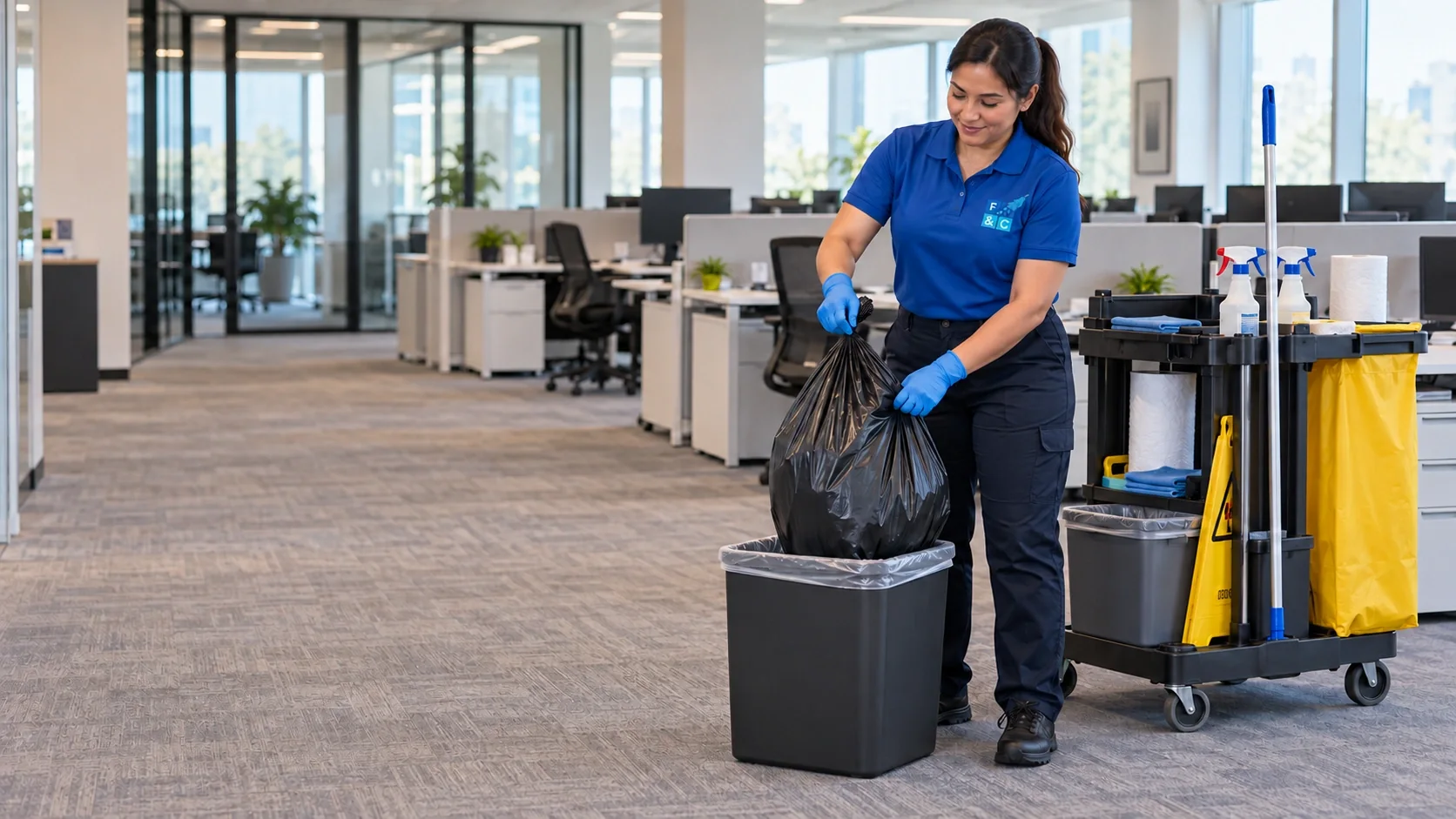 Illustrative branded cleaner replacing an office waste-bin liner beside a janitorial cart