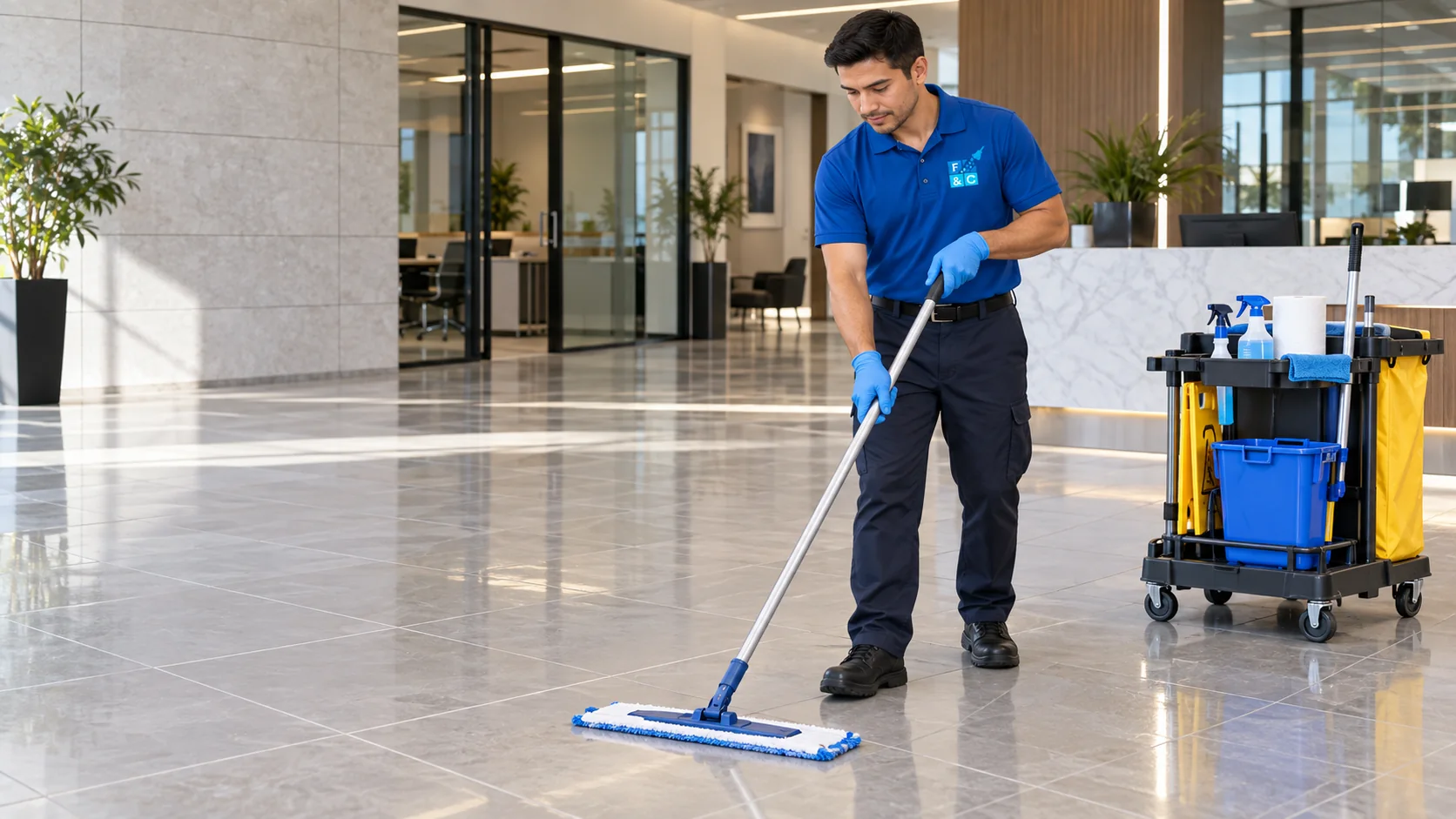 Illustrative cleaner in a royal-blue branded polo mopping a business lobby