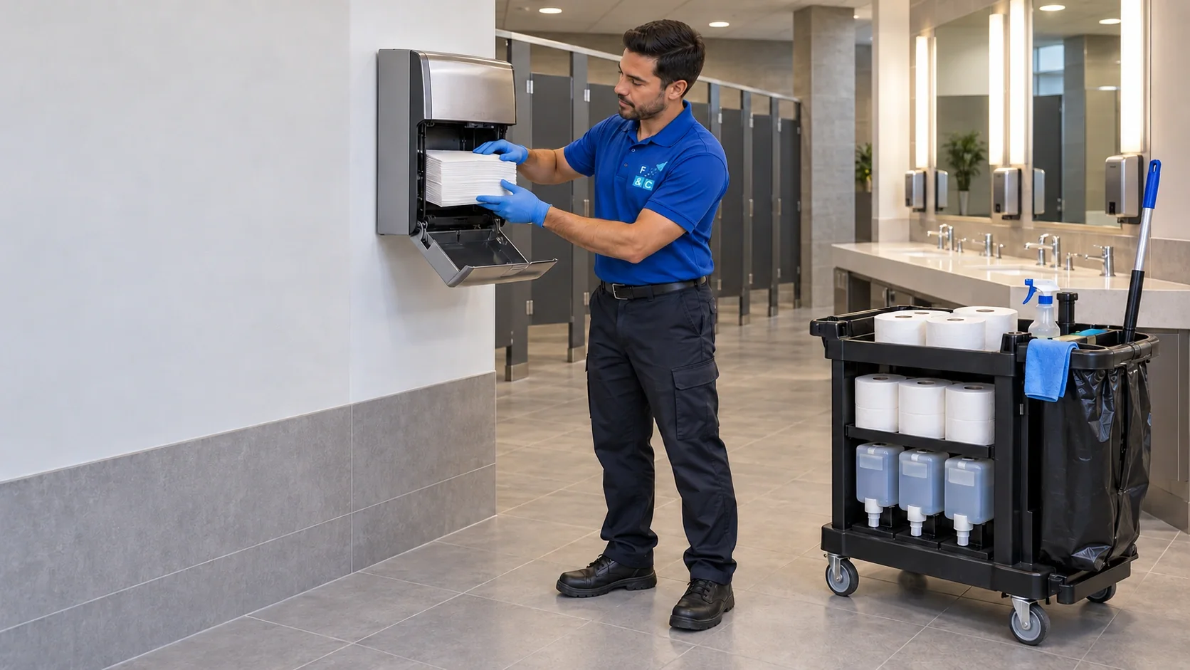 Illustrative branded cleaner restocking a commercial restroom paper towel dispenser