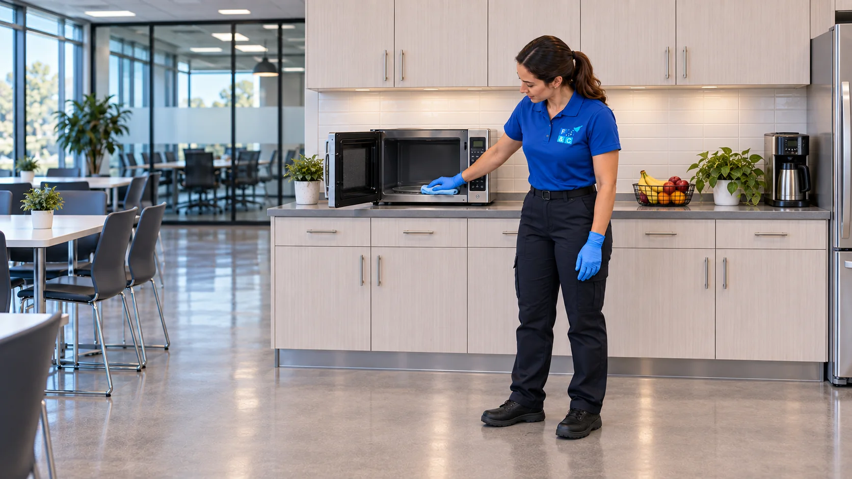 Illustrative branded cleaner wiping the inside of an office breakroom microwave