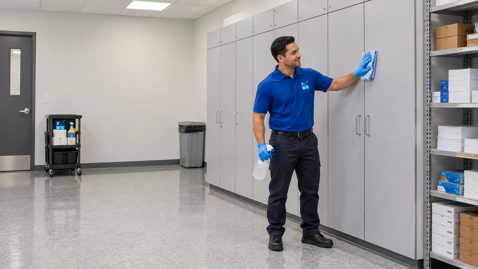 Illustrative branded cleaner wiping office utility cabinet exteriors