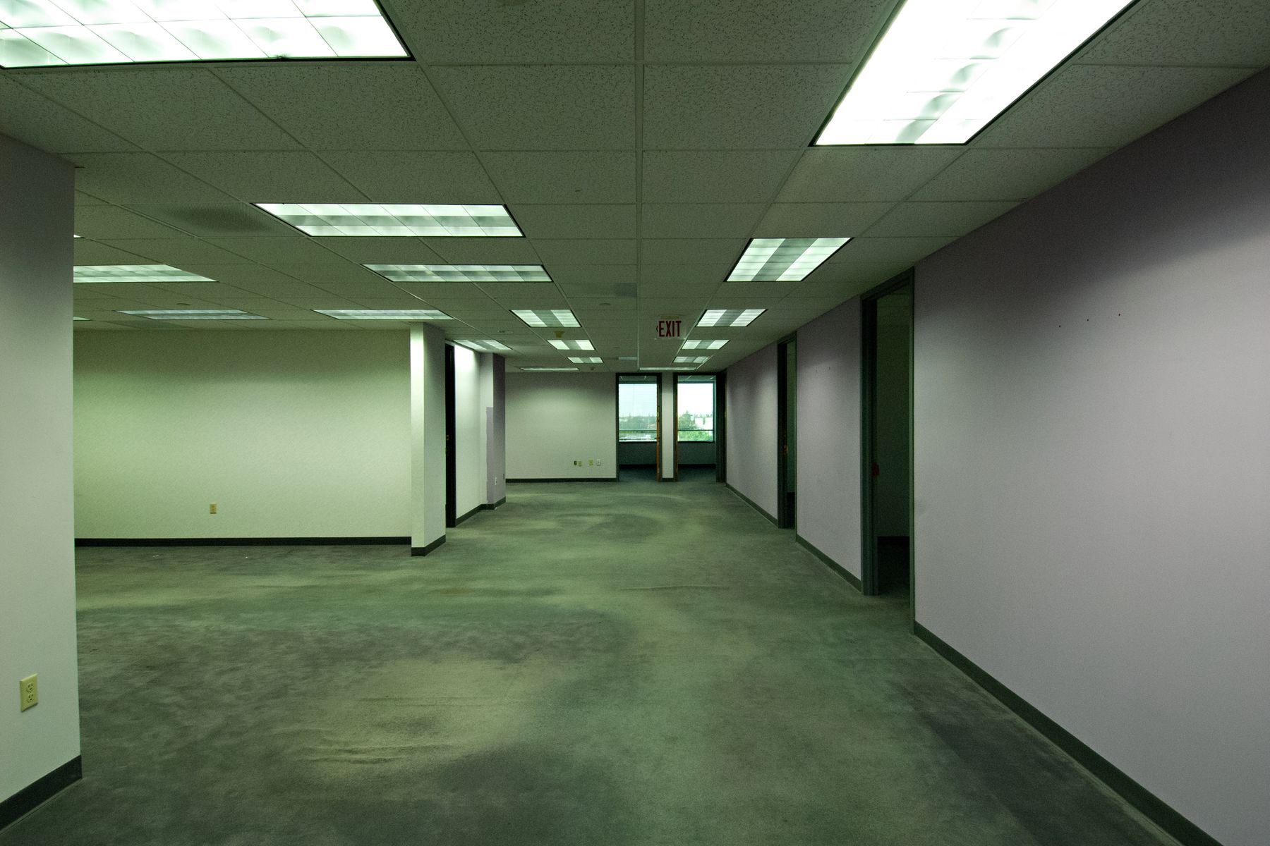Empty commercial office with wall-to-wall gray-green carpet, partition walls and fluorescent ceiling lights.
