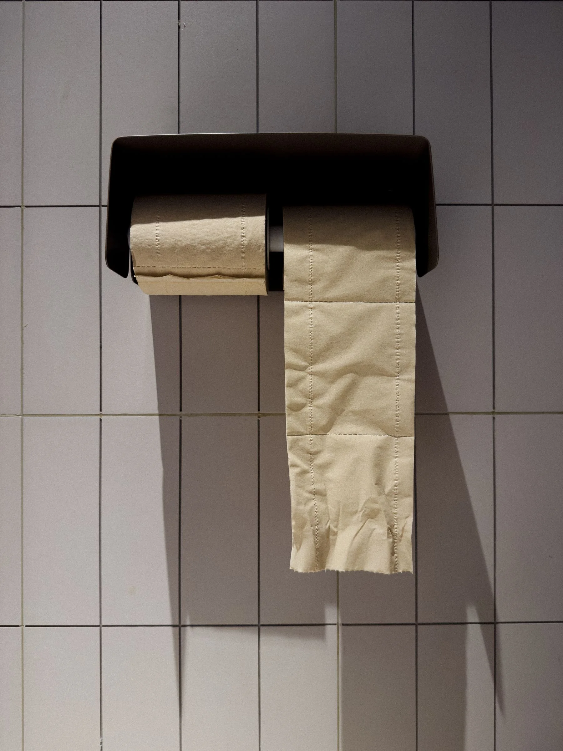 Two paper rolls in a dark wall-mounted holder against square white tiles.