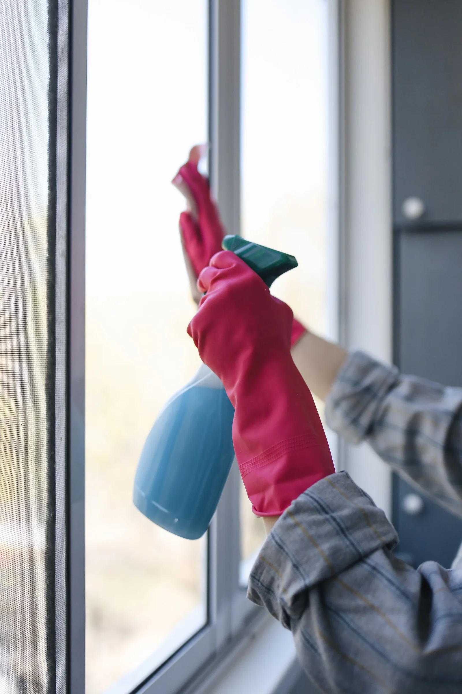 Hands in pink rubber gloves clean a window with a blue spray bottle and cloth.
